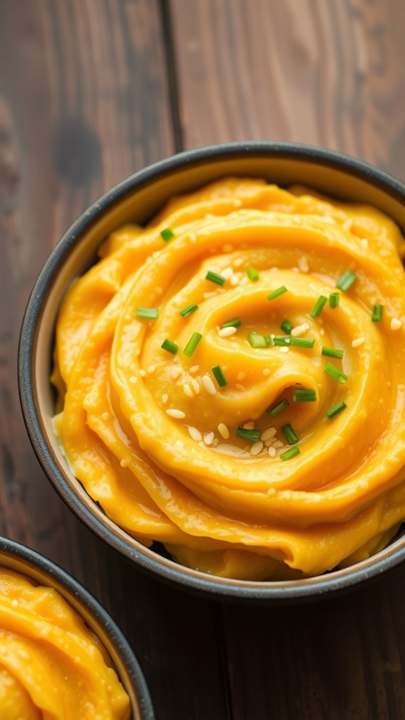 Creamy Mashed Japanese Sweet Potatoes Recipe Creamy mashed Japanese sweet potatoes garnished with chives and sesame seeds in a rustic bowl.
